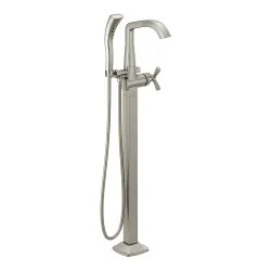 Click here to see Delta T47766-SSFL Delta Stryke Freestanding Tub Filler Trim with 1.75 GPM Single-Setting Hand Shower, H2Okinetic, Cross Handle, Stainless - T47766-SSFL