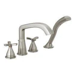 Click here to see Delta T47766-SS Delta Stryke Two-Handle Roman Tub Faucet Trim With 1.75 GPM Hand Shower, Rigid Spout, Stainless - T47766-SS