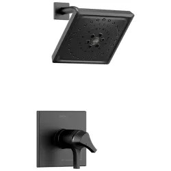 Click here to see Delta T17T274-BL Delta Zura TempAssure 17T Series H2Okinetic Shower Faucet with 3-Setting Rain Showerhead, 1.75 GPM, Two Lever Handles, ADA, Matte Black - T17T274-BL