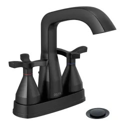 Click here to see Delta 257766-BLMPU-DST Delta Stryke Angled Spout Centerset Lavatory Faucet With Metal Pop-Up, Two-Handle, DIAMOND Seal, Helo Spoke Handles, 1.2 GPM, Matte Black - 257766-BLMPU-DST