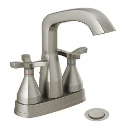 Click here to see Delta 257766-SSMPU-DST Delta Stryke Angled Spout Centerset Lavatory Faucet With Metal Pop-Up, Two-Handle, DIAMOND Seal, Helo Spoke Handles, 1.2 GPM, Lumicoat Stainless - 257766-SSMPU-DST