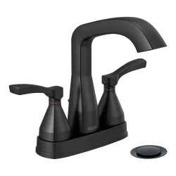Click here to see Delta 25776-BLMPU-DST Delta Stryke Angled Spout Centerset Lavatory Faucet With Metal Pop-Up, Two-Handle, DIAMOND Seal, Lever Handles, 1.2 GPM, Matte Black - 25776-BLMPU-DST