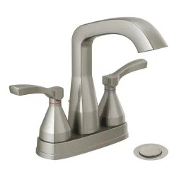 Click here to see Delta 25776-SSMPU-DST Delta Stryke Angled Spout Centerset Lavatory Faucet With Metal Pop-Up, Two-Handle, DIAMOND Seal, Lever Handles, 1.2 GPM, Stainless - 25776-SSMPU-DST