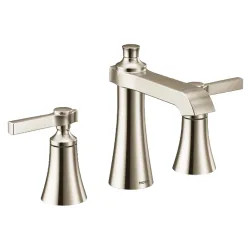 Click here to see Moen TS6984NL Moen Flara Two-Handle Widespread Polished Nickel Bathroom Faucet with Lever Handles, 1.2 GPM, 60 PSI, WaterSense, Three-Holes - TS6984NL