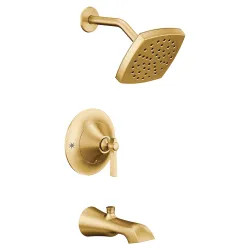 Click here to see Moen TS2913EPBG Moen Flara Posi-Temp Tub/Shower Faucet with 1.75 GPM Rainshower, 1-Function, Single Lever Handle, M-PACT, Immersion, Brushed Gold - TS2913EPBG