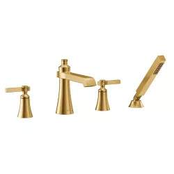 Click here to see Moen TS928BG Moen Flara Two-Handle Roman Tub Faucet with 2 GPM Single-Function Hand Shower, Lever Handles, Double Check Valves, Brushed Gold - TS928BG