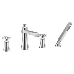 Click here to see Moen TS929 Moen Flara Two-Handle Roman Tub Faucet with 2 GPM Hand Shower, High Arc Spout, Cross Handles, 2.0 GPM, Chrome - TS929