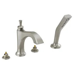 Click here to see Delta T4756-SSLHP Delta Dorval Two-Handle Roman Tub Faucet Trim with  Hand Shower, 1.75 GPM Three-Setting Hand Shower, H2Okinetic, Less Handles, Stainless - T4756-SSLHP