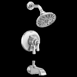 Click here to see Delta T17456 Delta Dorval Monitor 17 Series H2Okinetic Tub/Shower Faucet with 5-Setting Showerhead, Two-Handle, 1.75 GPM, Lever Handles, Chrome - T17456