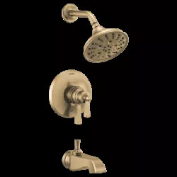 Click here to see Delta T17456-CZ Delta Dorval Monitor 17 Series H2Okinetic Tub/Shower Faucet with 5-Setting Showerhead, Two-Handle, 1.75 GPM, Lever Handles, Champagne Bronze - T17456-CZ