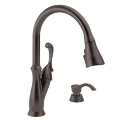 Click here to see Delta 19950Z-RBSD-DST Delta Arabella Single-Handle Venetian Bronze Pull-Down Kitchen Faucet with Soap Dispenser, 1.8 GPM, Lever Handle, Diamond Seal Technology, Touch2O - 19950Z-RBSD-DST