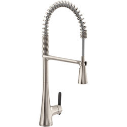 Click here to see Moen S5235SRS Moen Sinema Single Handle Pre-Rinse Spring Pull-Down Kitchen Faucet w/ PowerBoost, Duralock, Spot Resist Stainless - S5235SRS