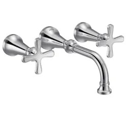 Click here to see Moen TS44105 Moen Colinet Two-Handle Wall-Mount Bathroom Faucet, 1.2 GPM, Cross Handles, WaterSense, Chrome - TS44105