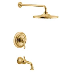 Click here to see Moen UTS344303EPBG Moen Colinet M-Core 3-Series Tub/Shower Faucet with 1.75 GPM Rainshower, 1-Function, Single Lever Handle, M-PACT, Immersion, Brushed Gold - UTS344303EPBG
