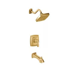 Click here to see Moen UT3693EPBG Moen Voss M-Core 3-Series Tub/Shower Faucet with 1.75 GPM Rainshower, 1-Function, Single Lever Handle, M-PACT, Immersion, Brushed Gold - UT3693EPBG