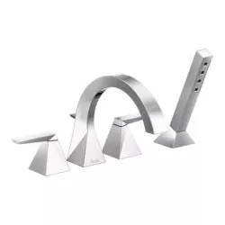 Click here to see Delta T4746 Delta Trillian Two-Handle Roman Tub Faucet Trim with 1.75 GPM Single-Setting Hand Shower, H2Okinetic, High Arc Spout, Lever Handles, Chrome - T4746 