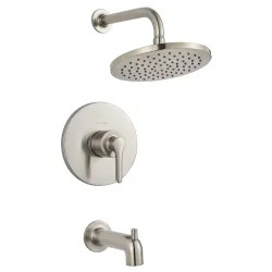 Click here to see American Standard TU105502.295 American Standard Studio S Brushed Nickel 2.5GPM Tub and Shower Trim Kit with Rain Showerhead, Single Metal Lever Handle, Less Valve Body - TU105502.295