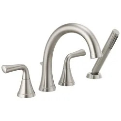 Click here to see Delta T4733-SS Delta Kayra Roman Tub Faucet Trim with 1.75 GPM Single-Setting Hand Shower, H2Okinetic, Lever Handles, Touch-Clean, Stainless - T4733-SS
