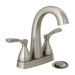 Click here to see Delta 25775-SSMPU-DST Delta Stryke High-Arc Centerset Lavatory Faucet With Metal Pop-Up, Two-Handle, DIAMOND Seal, Lever Handles, 1.2 GPM, Stainless - 25775-SSMPU-DST