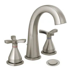 Click here to see Delta 357756-SSMPU-DST Delta Stryke Widespread Bathroom Faucet With Metal Pop-Up, Deck Mount, Two Handles, Diamond Seal, 1.2 GPM, Stainless - 357756-SSMPU-DST