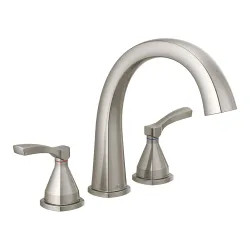 Click here to see Delta T2777-SS Delta Stryke Two-Handle Roman Tub Faucet Trim, High Arc Spout, Lever Handles, Stainless - T2777-SS