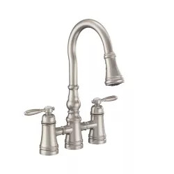 Click here to see Moen S73204SRS Moen Weymouth Two-Handle Pull-Down High Arc Bridge Kitchen Faucet, Spot Resist Stainless - S73204SRS