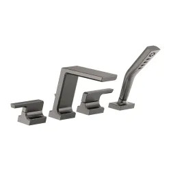 Click here to see Delta T4799-KS-PR Delta Pivotal Two-Handle Roman Tub Faucet Trim with 1.75 GPM Three-Setting Hand Shower, H2Okinetic, Angular Spout, Lever Handles, Lumicoat Black Stainless - T4799-KS-PR