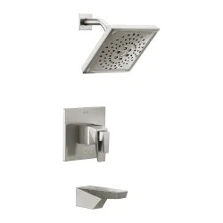 Click here to see Delta T17T443-SS-PR Delta Trillian TempAssure 17T Series Two-Handle Tub/Shower Faucet with H2Okinetic Showerhead, 1.75 GPM, Lever Handle, Lumicoat, Stainless - T17T443-SS-PR