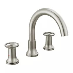 Click here to see Delta T2758 Delta Trinsic Two-Handle Roman Tub Faucet Trim, High Arc Spout, Wheel Handles, Chrome - T2758