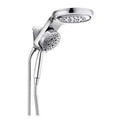 Click here to see Delta 58680-PR25 Delta HydroRain 5-Setting Two-In-One 2.5 GPM Shower Head with  Handshower, H2Okinetic Technology, MagnaTite Docking, Lumicoat Chrome - 58680-PR25