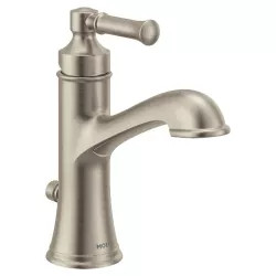 Click here to see Moen 6803BN Moen Dartmoor Single-Handle High Arc Bathroom Faucet with Deckplate and Metal Pop-Up, 1.2 GPM, Pivot Action Lever Handle, Brushed Nickel - 6803BN
