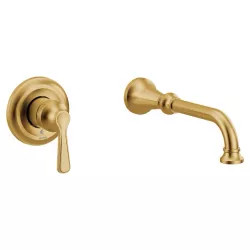 Click here to see Moen WTS44501BG Moen Colinet Single-Handle Wall-Mount Tub Faucet, Non-Diverter, 10in Ultrathin Tub Spout, Lever Handle, 8GPM, Brushed Gold - WTS44501BG