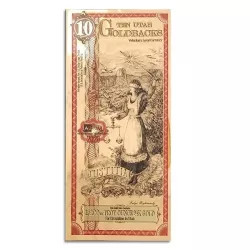 Click here to see   Goldback 10 Bill - Utah, Justitia, 1/100th Troy Oz .9999 Gold-Minted Bill