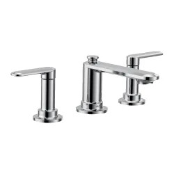 Click here to see Moen TV6507 Moen Greenfield Two-Handle Low-Arc Widespread Chrome Lavatory Sink Faucet Kit With Rough-In Valve, 1.2 GPM, 60 PSI, WaterSense, Lever Handles, Three-Holes - TV6507