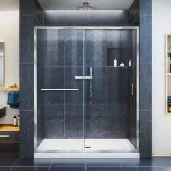 Click here to see Dreamline DL-6973L-22-01 DreamLine DL-6973L-22-01 Infinity-Z Clear Glass Sliding Shower Door, Left Drain Biscuit Base - Chrome 