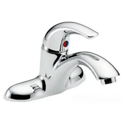 Click here to see Delta 22C421 Delta 22C421 Tech Single Control Cast Centerset Lavatory Faucet, Open Grid Strainer, Vandal-Resistant Laminar Outlet, Chrome