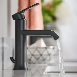 Moen 6702BL Moen Genta LX Single-Handle Matte Black Bathroom Faucet with Metal Pop-Up and Escutcheon, Lever Handle with Red/Blue Indicators, 1.2 GPM, Single-Hole - 6702BL