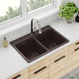 Elkay ELG3322MC0 Elkay Quartz Classic Mocha 33in x 22in Equal Double Bowl Drop-In Sink with Rear Center Drain - ELG3322MC0
