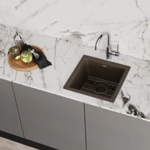 Elkay ELG1616MC0C Elkay Quartz Classic Mocha Bar Sink Kit, 15-3/4in x 15-3/4in x 7-11/16in Dual Mount Single Bowl Sink with Bottom Grid, Drain, and Cleaning Kit - ELG1616MC0C 