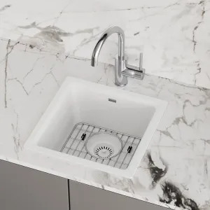 Elkay ELG1616WH0C Elkay Quartz Classic White Bar Sink Kit, 15-3/4in x 15-3/4in x 7-11/16in Dual Mount Single Bowl Sink with Bottom Grid, Drain, and Cleaning Kit - ELG1616WH0C 