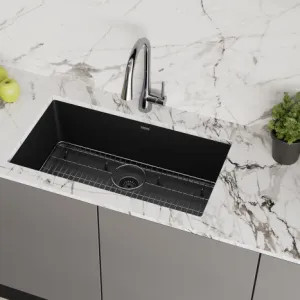 Elkay ELGRU13322BK0C Elkay Quartz Classic Black 33in x 19in Undermount Single Bowl Kitchen Sink Kit with Rear Center Drain, Bottom Grid, Strainer, and Cleaning Kit - ELGRU13322BK0C