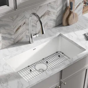 Elkay ELGRU13322WH0C Elkay Quartz Classic White 33in x 19in Undermount Single Bowl Kitchen Sink Kit with Rear Center Drain, Bottom Grid, Strainer, and Cleaning Kit - ELGRU13322WH0C
