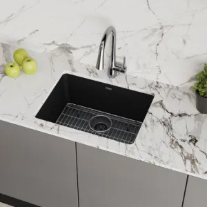Elkay ELGU2522BK0C Elkay Quartz Classic Black 25in x 18in Undermount Single Bowl Kitchen Sink Kit with Rear Center Drain, Bottom Grid, Strainer, and Cleaning Kit - ELGU2522BK0C