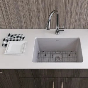 Elkay ELGU2522GS0C Elkay Quartz Classic Greystone 25in x 18in Undermount Single Bowl Kitchen Sink Kit with Rear Center Drain, Bottom Grid, Strainer, and Cleaning Kit - ELGU2522GS0C