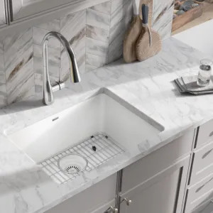 Elkay ELGU2522WH0C Elkay Quartz Classic White 25in x 18in Undermount Single Bowl Kitchen Sink Kit with Rear Center Drain, Bottom Grid, Strainer, and Cleaning Kit - ELGU2522WH0C