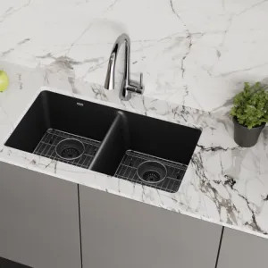Elkay ELGU3322BK0C Elkay Quartz Classic Black Equal Double-Bowl Undermount Sink Kit, 33