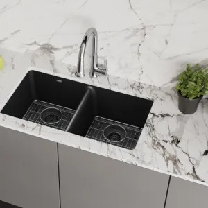 Elkay ELGU3322BK0FC Elkay Quartz Classic Black Equal Double-Bowl Undermount Sink Kit, 33