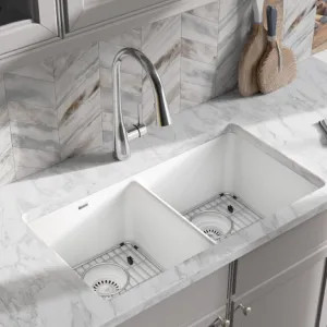 Elkay ELGU3322WH0C Elkay Quartz Classic White Equal Double-Bowl Undermount Sink Kit, 33