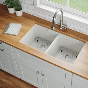 Elkay ELGU3322WH0FC Elkay Quartz Classic White Equal Double-Bowl Undermount Sink Kit with Faucet, 33