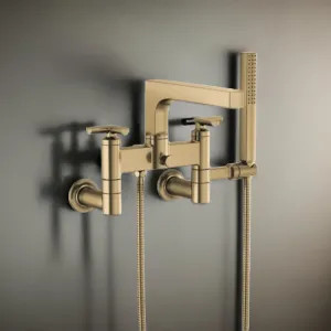 Brizo T70307-GL Brizo Kintsu Two-Handle Tub Filler Trim Kit w/ Cross Handles, Single-Function Handshower, Multi-Mount, Brilliance Luxe Gold - T70307-GL